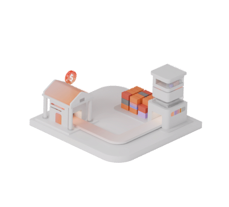 A bank and a container port with a white backdrop.