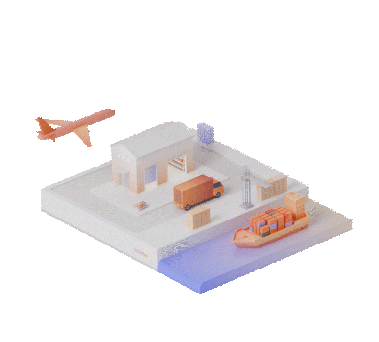An illustration of a warehouse featuring a cargo ship, a plane and a cargo truck, showcasing logistics and transportation operations.