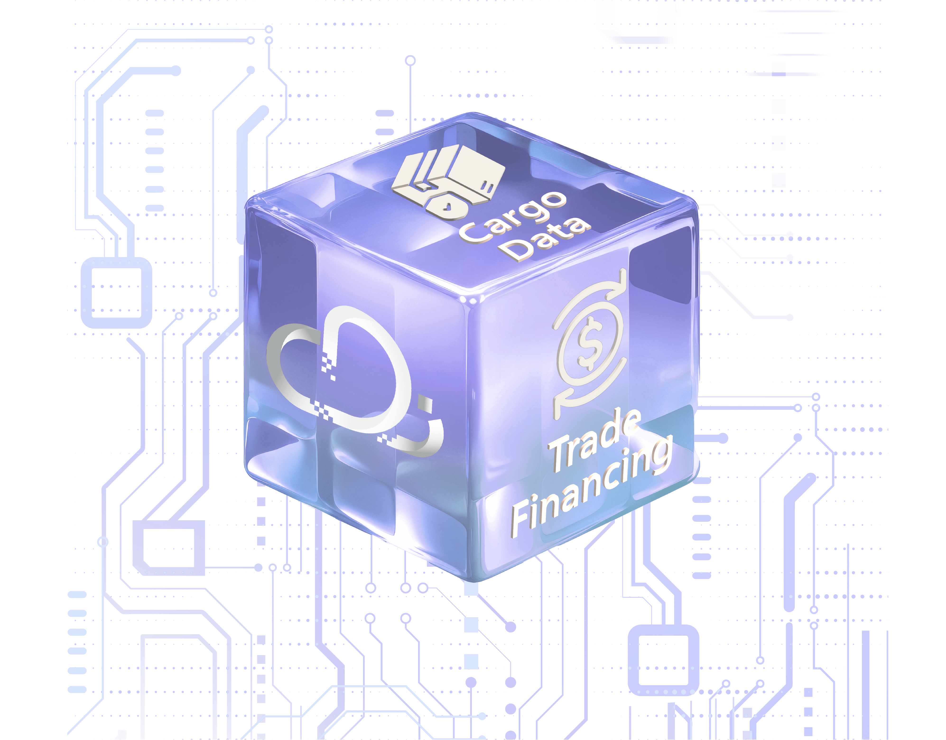 A cube displaying the text “Trade Financing” and “Cargo Data” prominently on its surface.